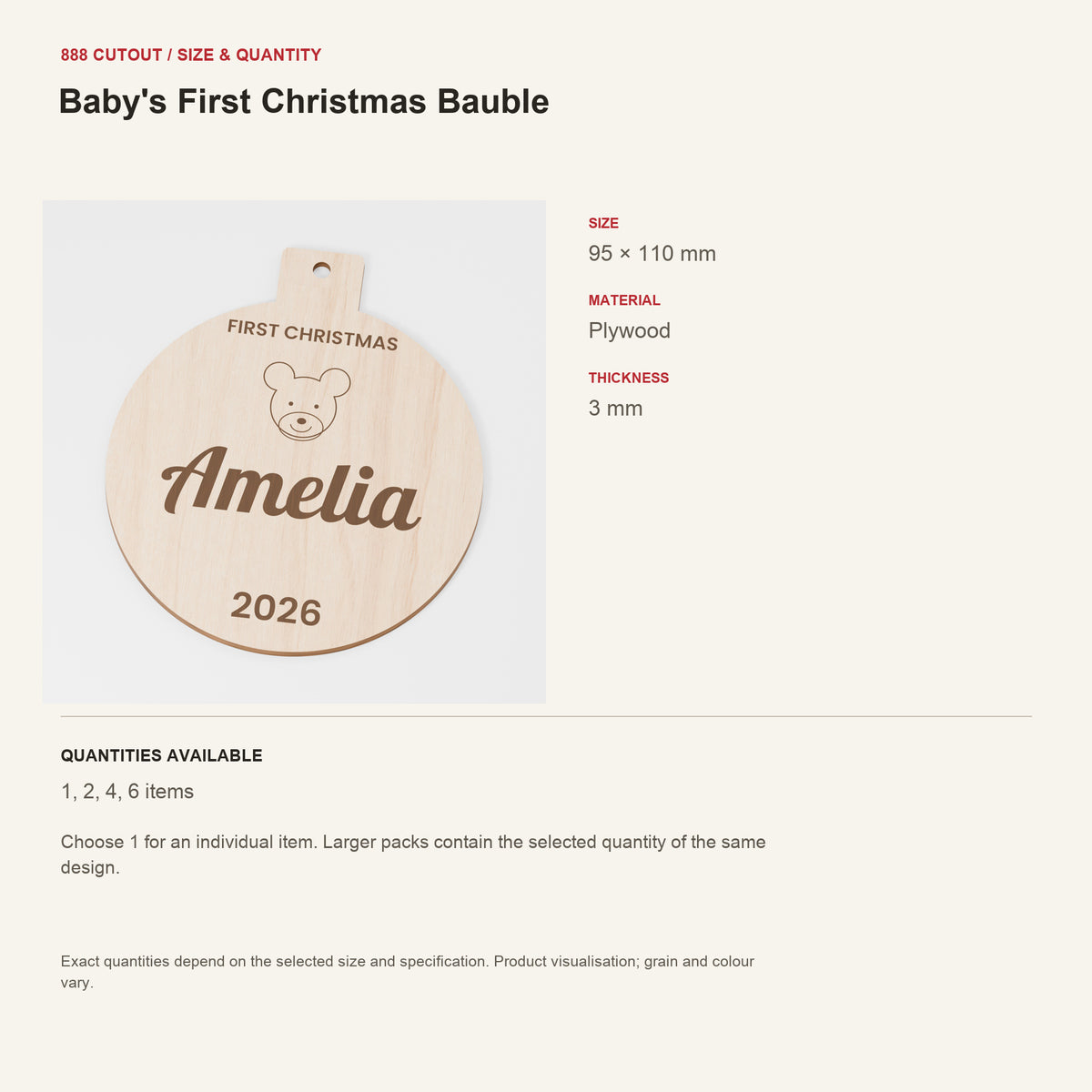 888 guide — Baby's First Christmas Bauble — example size, material and available quantities
