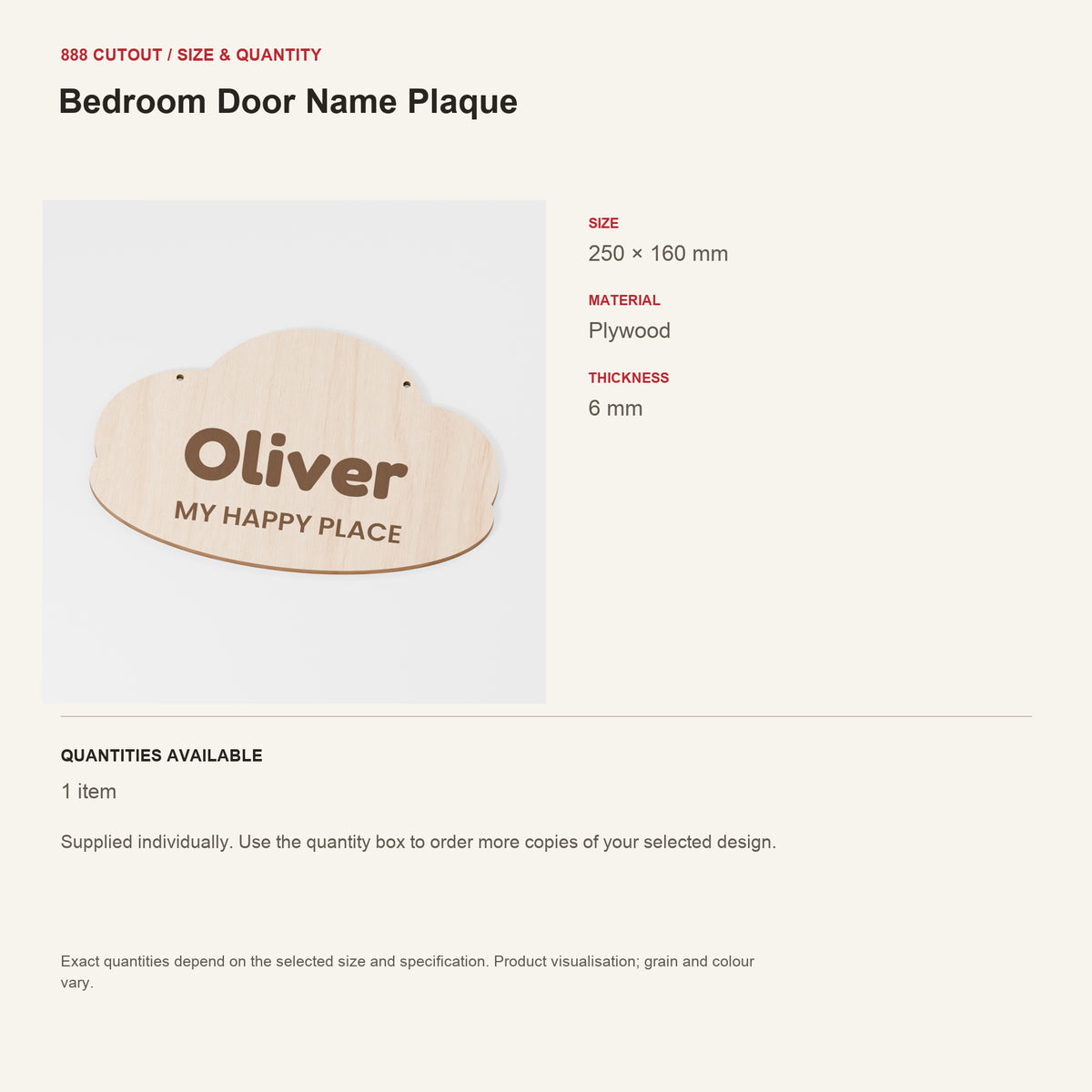 888 guide — Bedroom Door Name Plaque — example size, material and available quantities