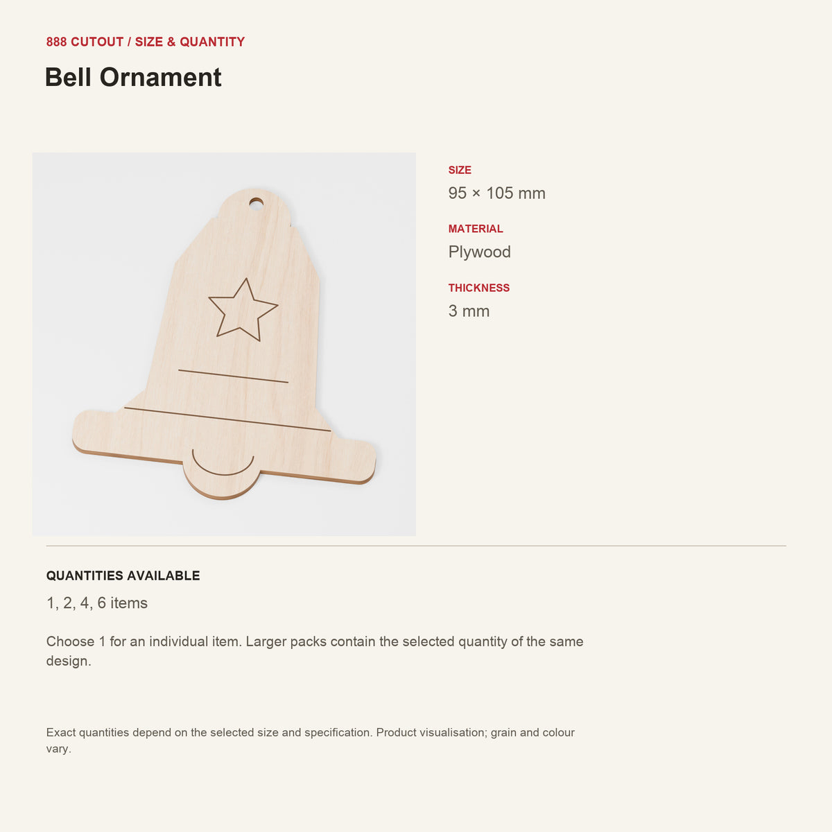 888 guide — Bell Ornament — example size, material and available quantities