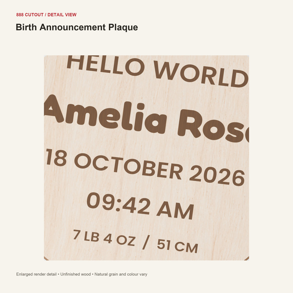 888 detail — Birth Announcement Plaque — enlarged product visualisation