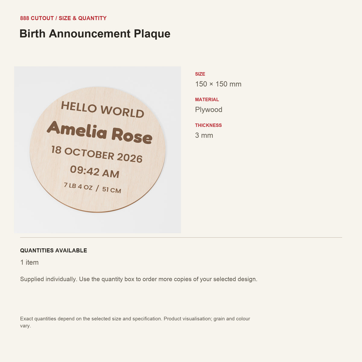 888 guide — Birth Announcement Plaque — example size, material and available quantities