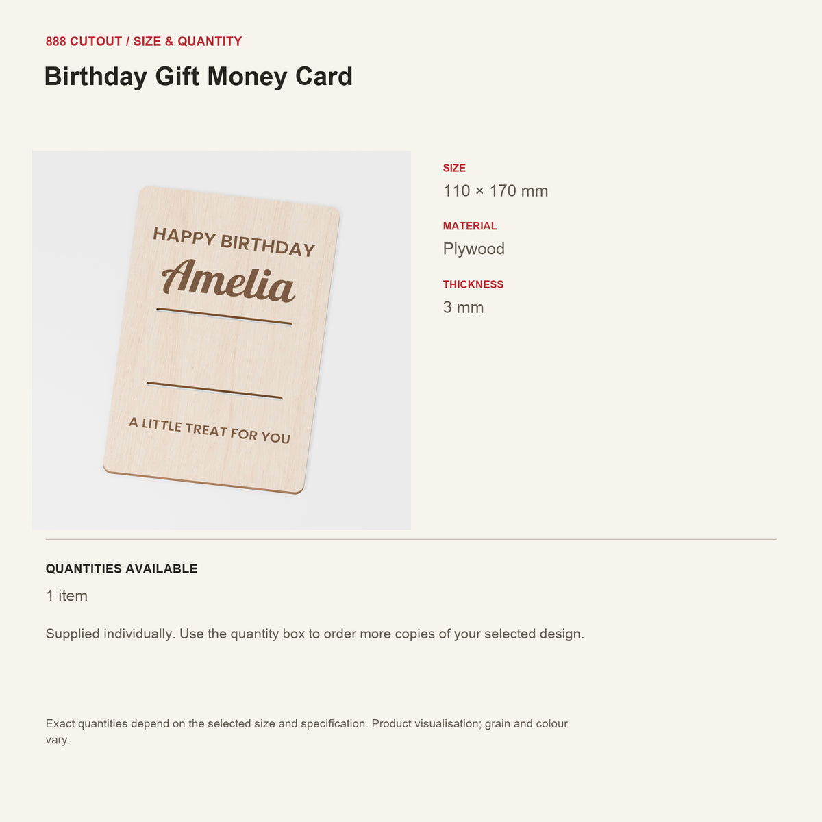 888 guide — Birthday Gift Money Card — example size, material and available quantities