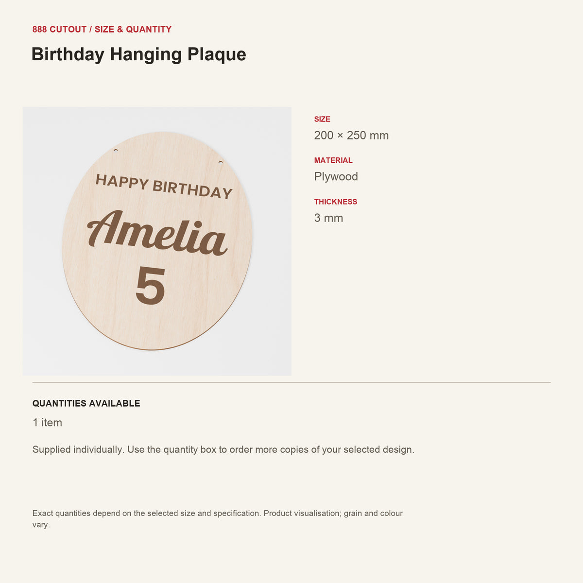 888 guide — Birthday Hanging Plaque — example size, material and available quantities