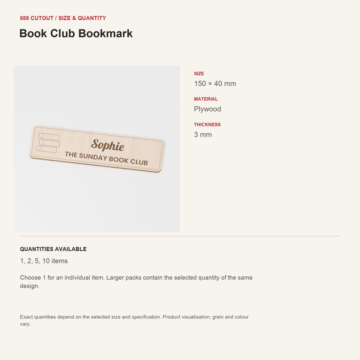 888 guide — Book Club Bookmark — example size, material and available quantities