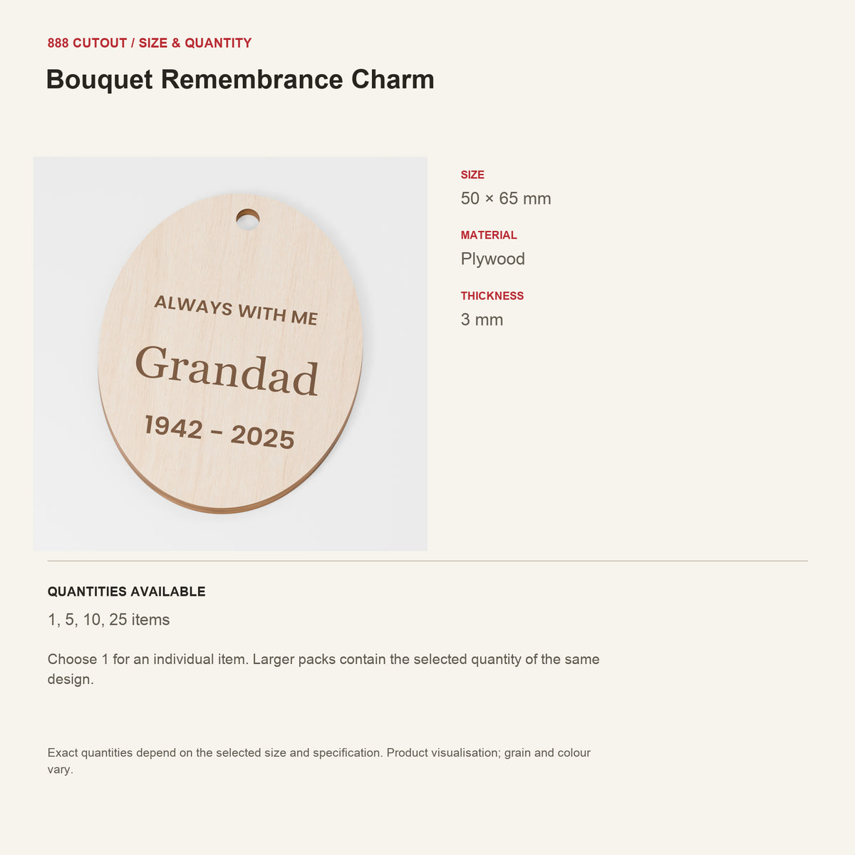 888 guide — Bouquet Remembrance Charm — example size, material and available quantities