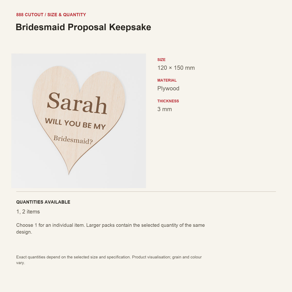 888 guide — Bridesmaid Proposal Keepsake — example size, material and available quantities