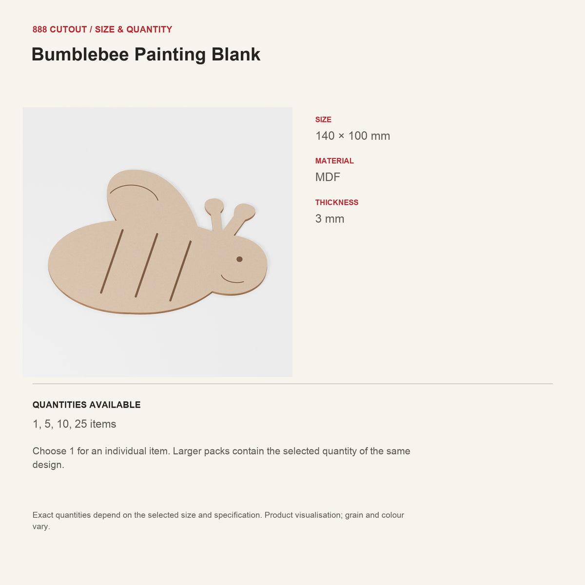 888 guide — Bumblebee Painting Blank — example size, material and available quantities