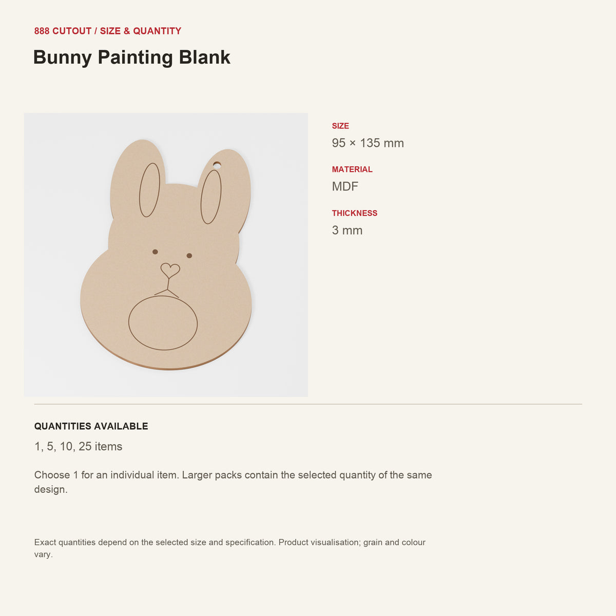 888 guide — Bunny Painting Blank — example size, material and available quantities