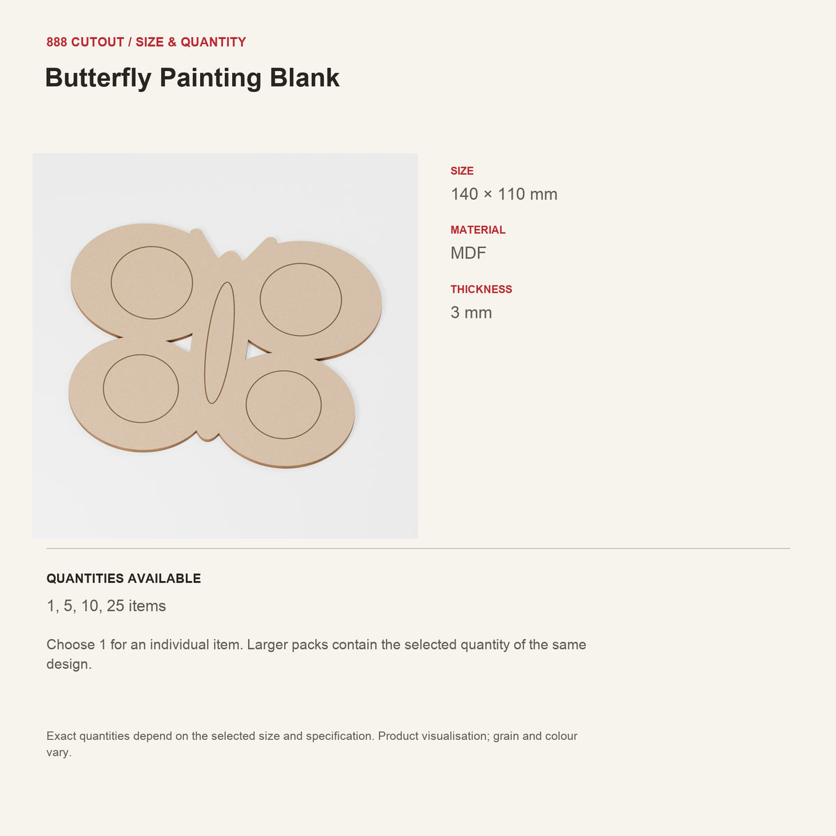 888 guide — Butterfly Painting Blank — example size, material and available quantities