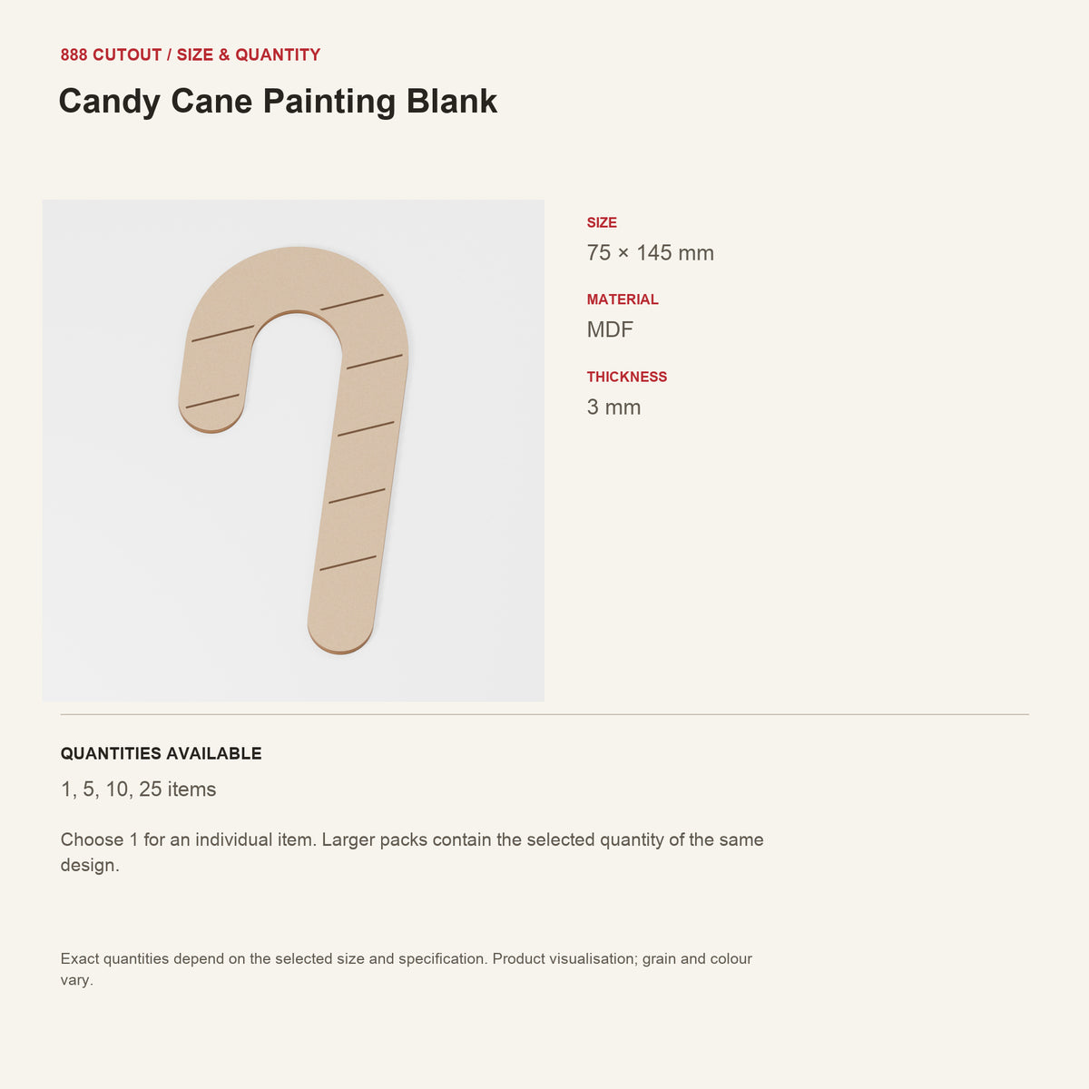 888 guide — Candy Cane Painting Blank — example size, material and available quantities