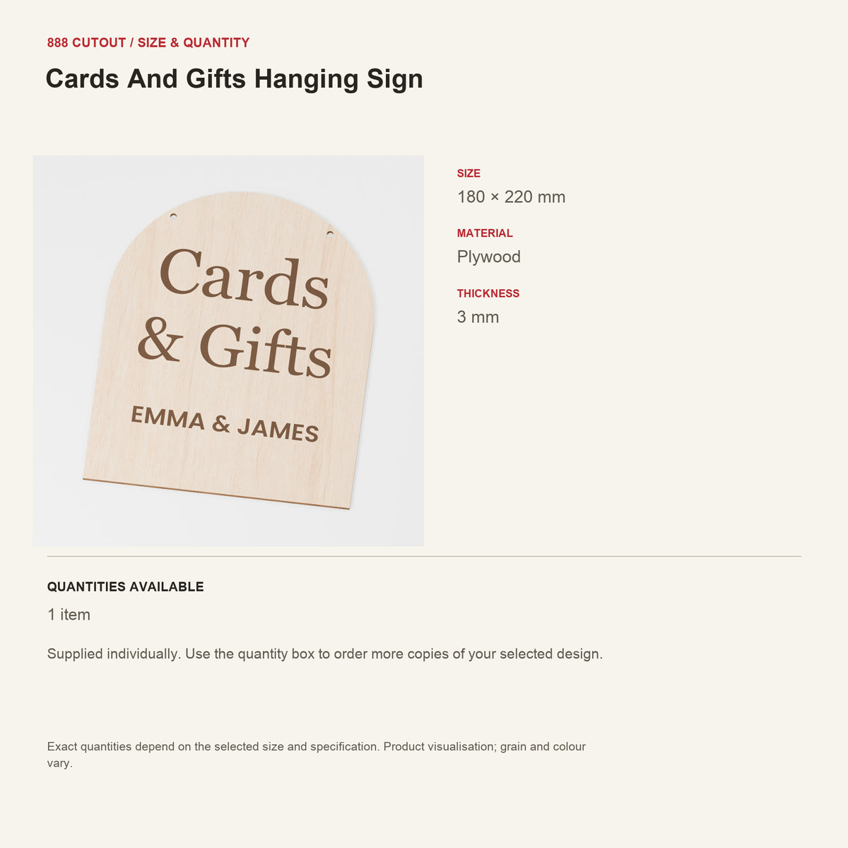 888 guide — Cards And Gifts Hanging Sign — example size, material and available quantities