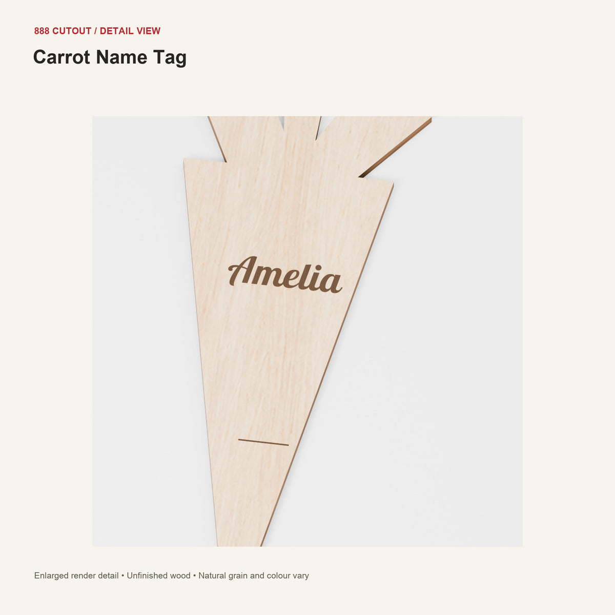 888 detail — Carrot Name Tag — enlarged product visualisation
