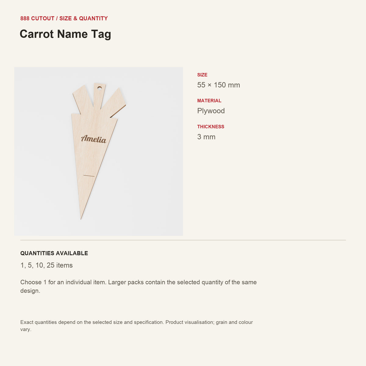 888 guide — Carrot Name Tag — example size, material and available quantities