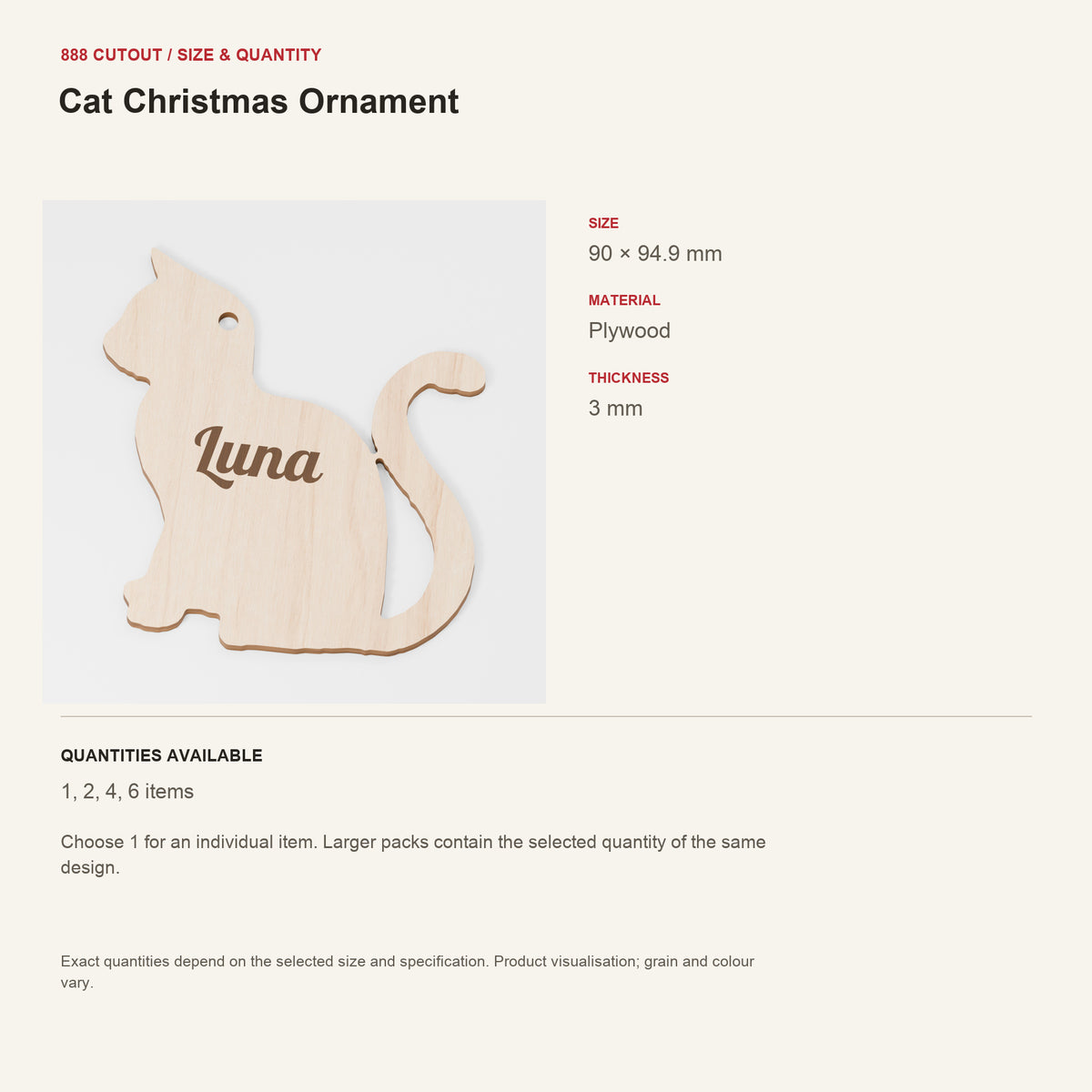 888 guide — Cat Christmas Ornament — example size, material and available quantities