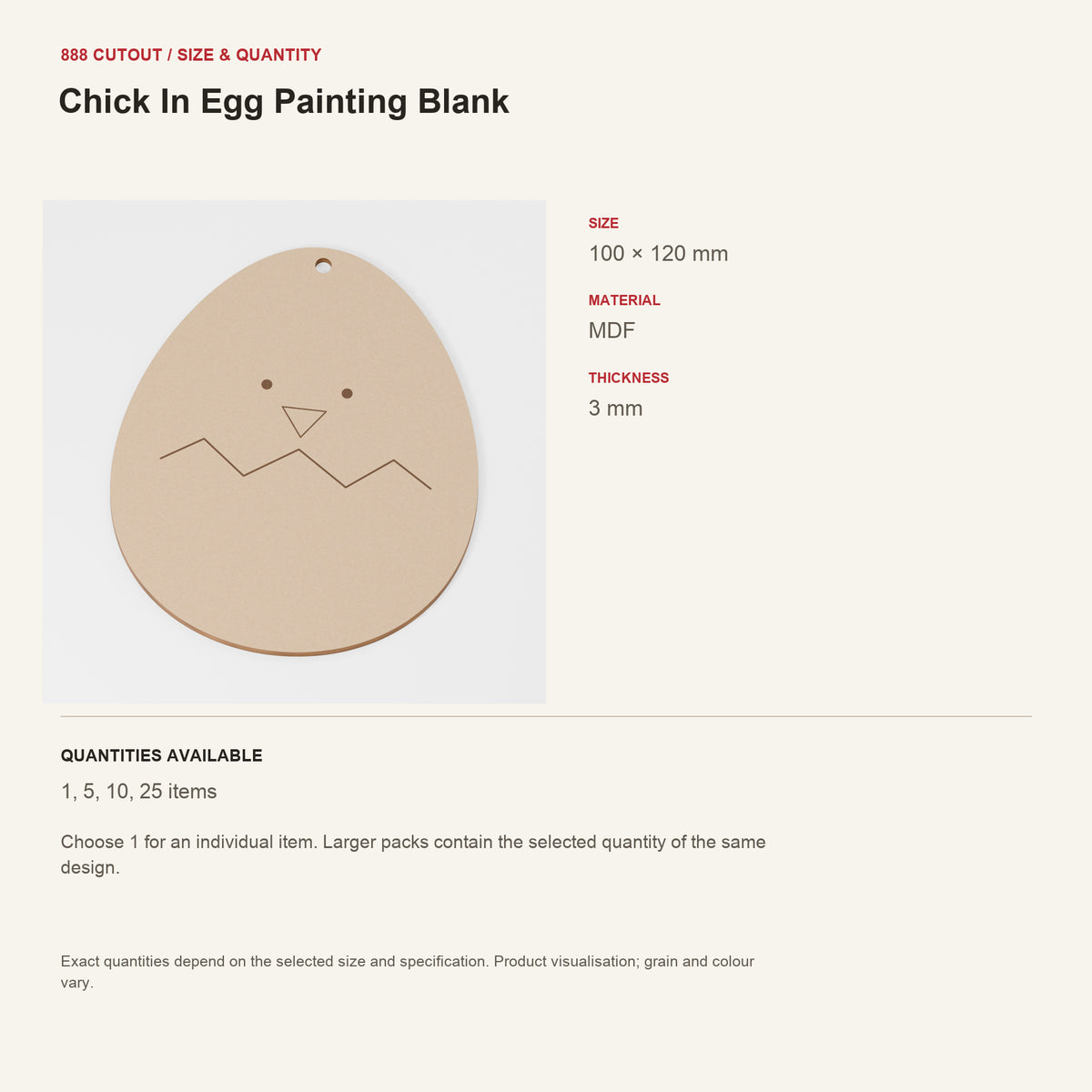 888 guide — Chick In Egg Painting Blank — example size, material and available quantities
