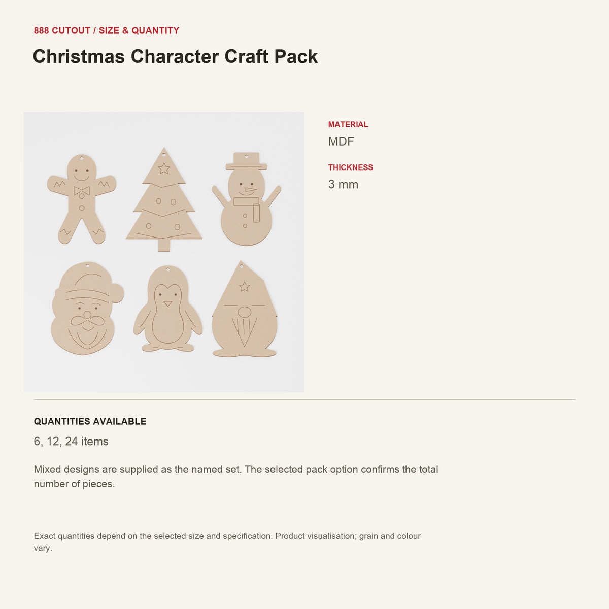 888 guide — Christmas Character Craft Pack — example size, material and available quantities