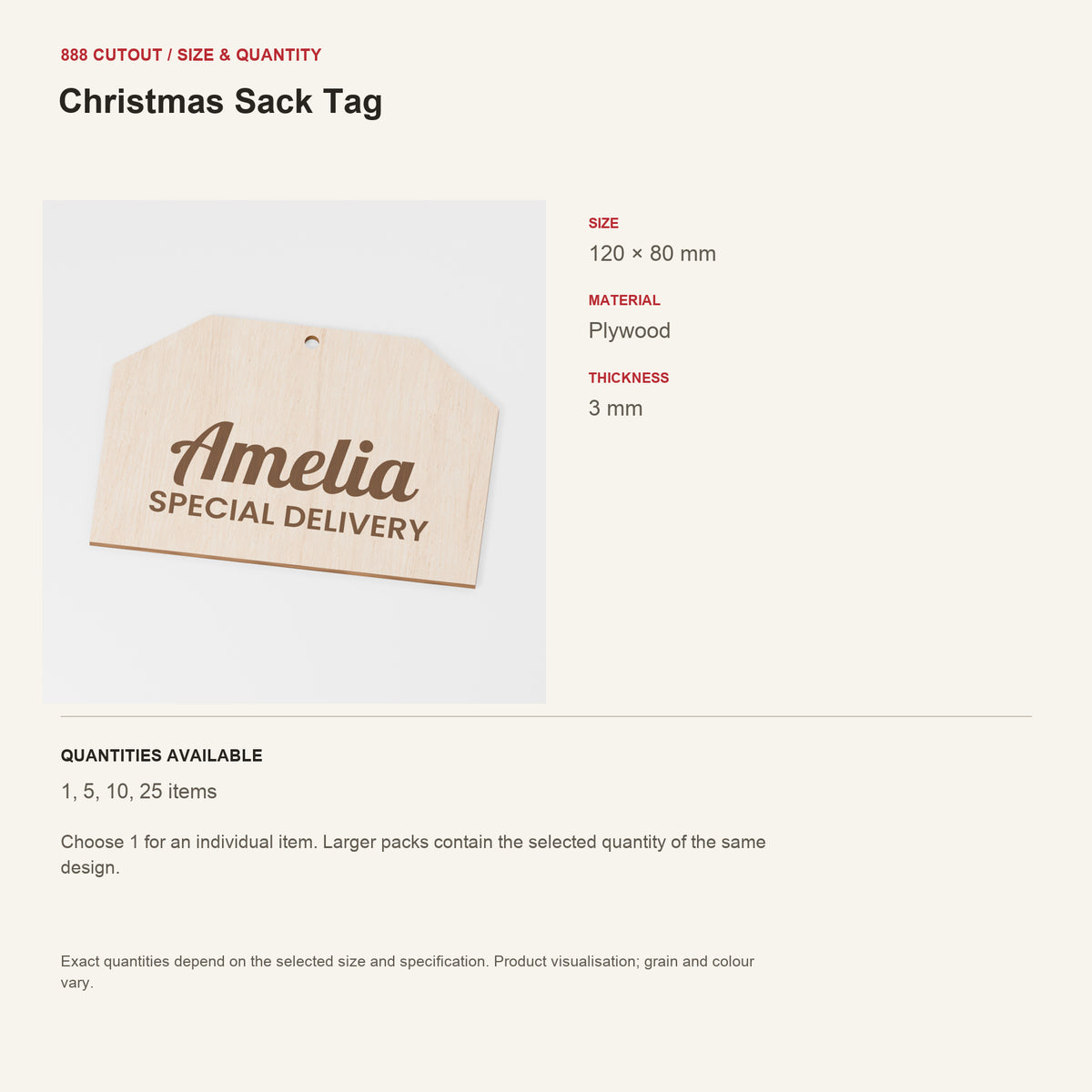 888 guide — Christmas Sack Tag — example size, material and available quantities