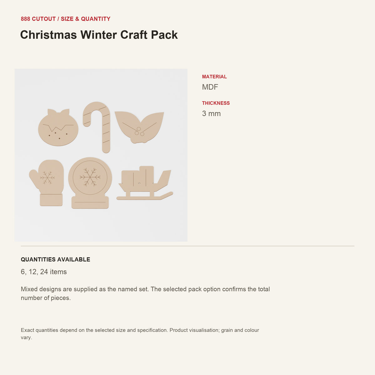 888 guide — Christmas Winter Craft Pack — example size, material and available quantities
