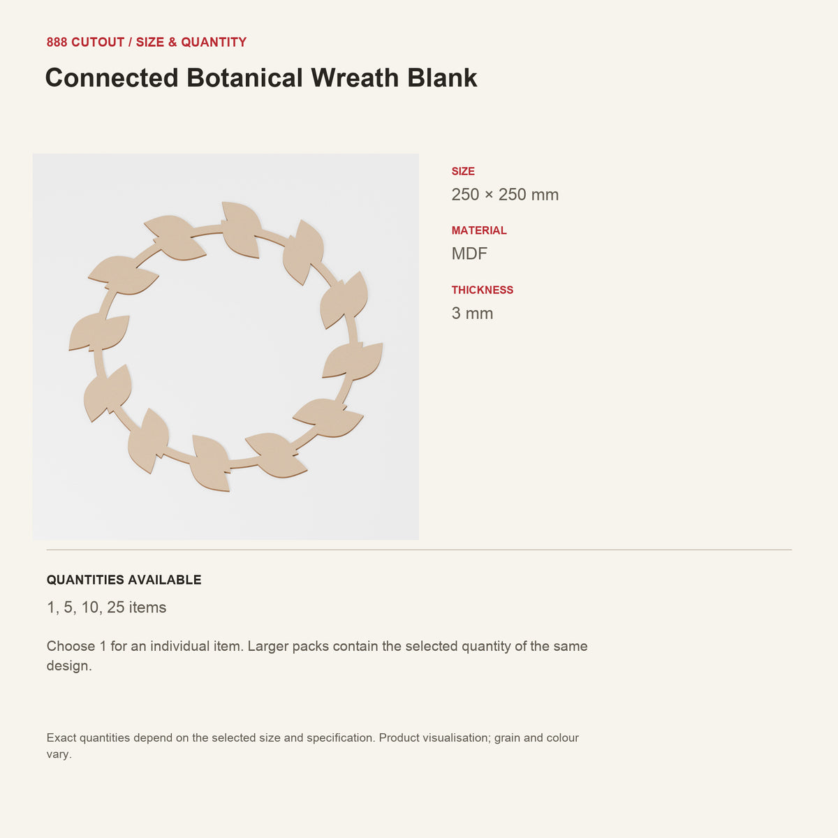 888 guide — Connected Botanical Wreath Blank — example size, material and available quantities