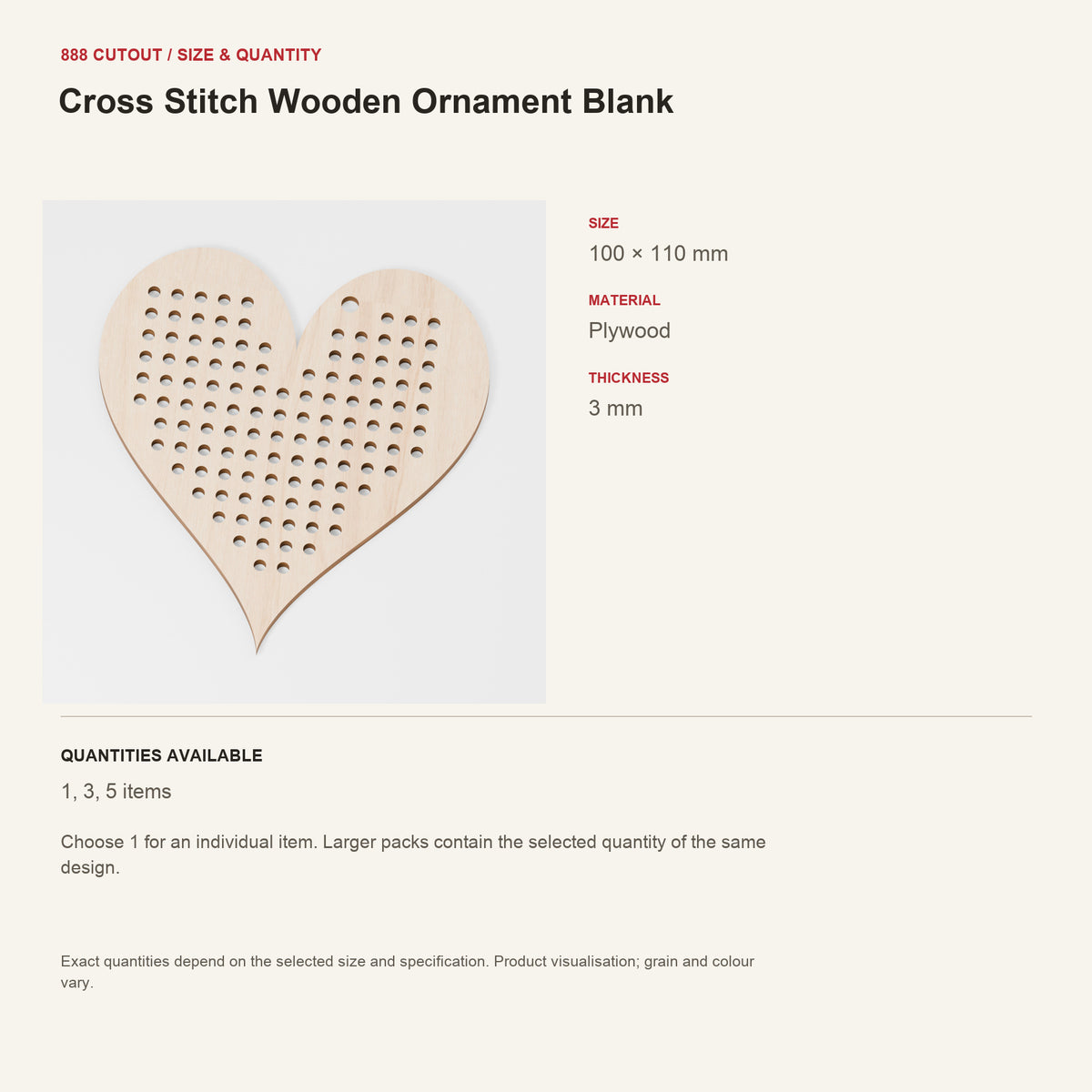 888 guide — Cross Stitch Wooden Ornament Blank — example size, material and available quantities