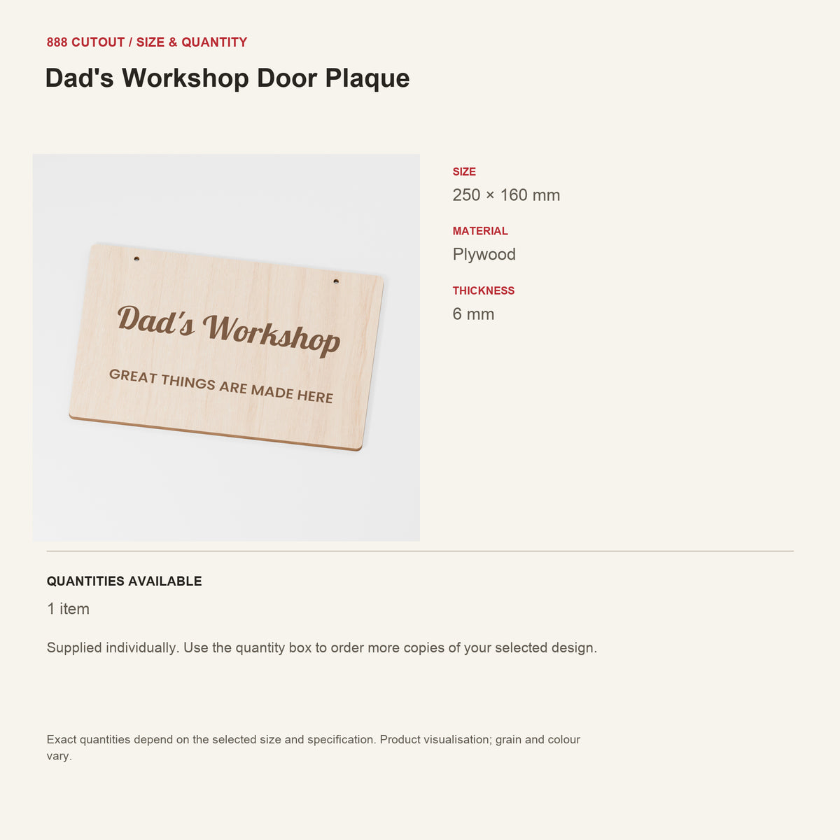 888 guide — Dad's Workshop Door Plaque — example size, material and available quantities