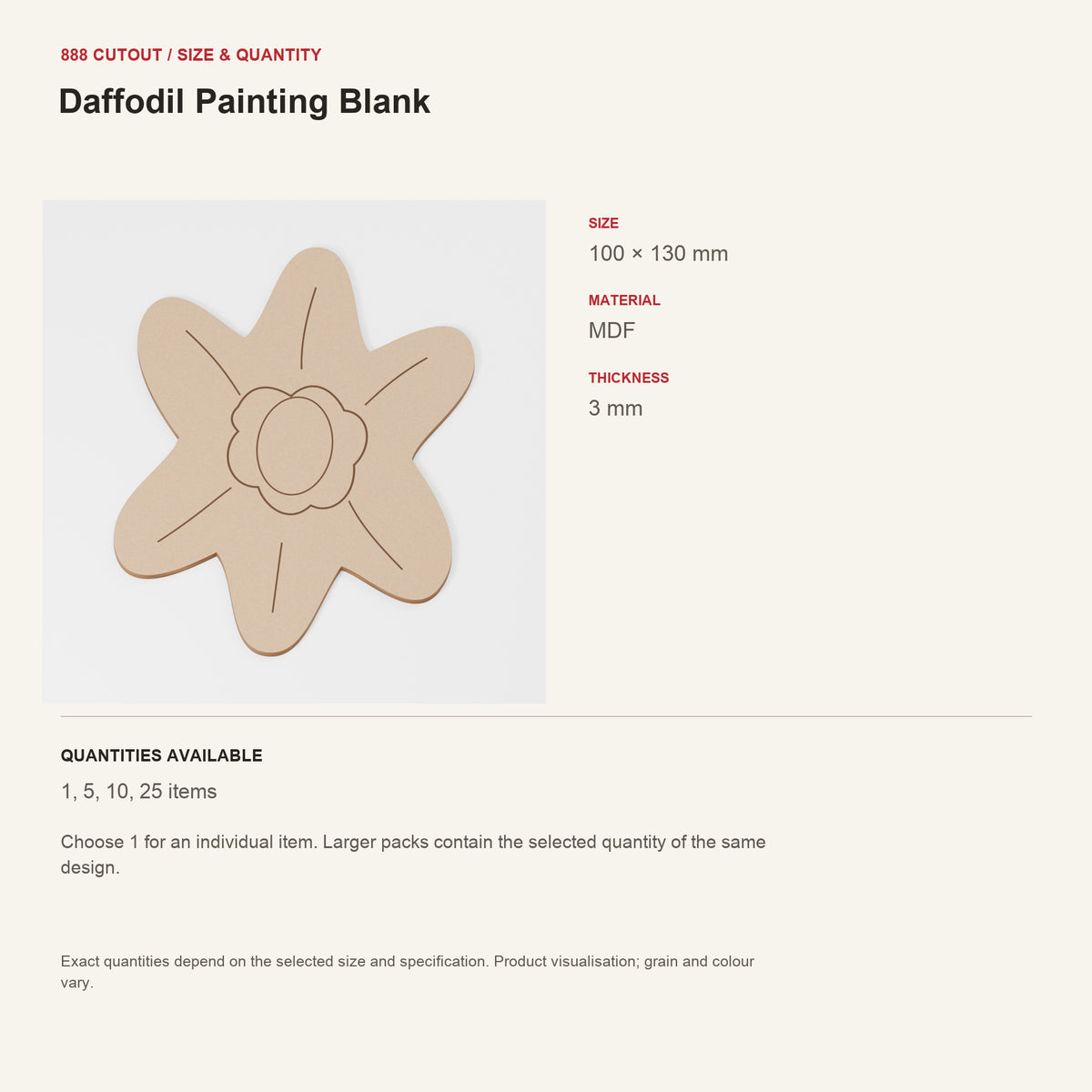 888 guide — Daffodil Painting Blank — example size, material and available quantities