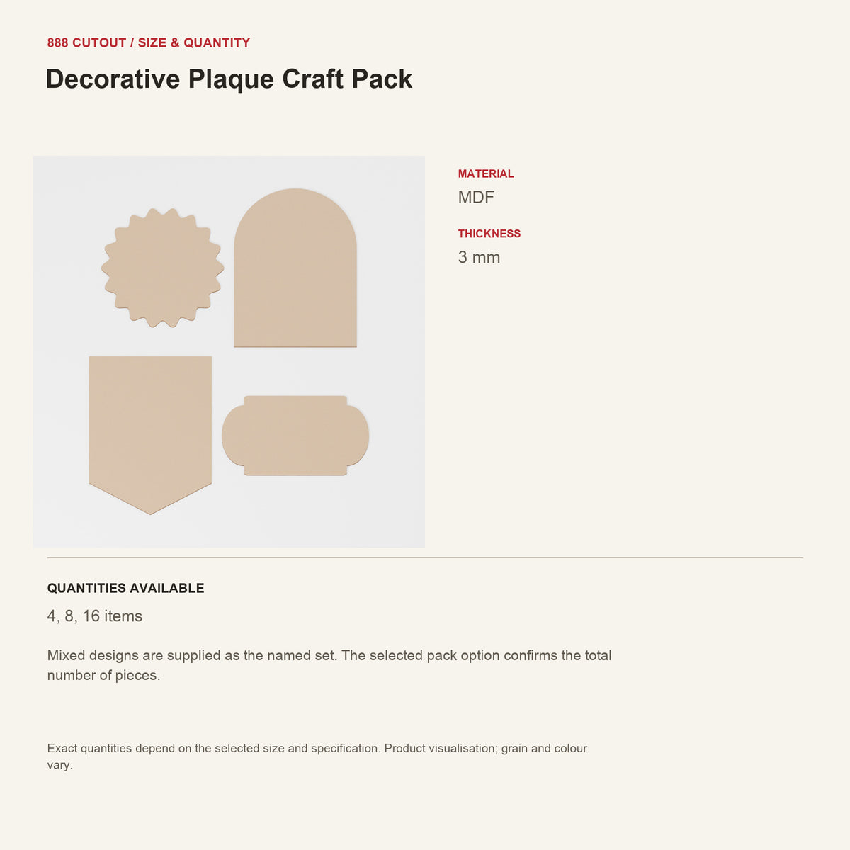 888 guide — Decorative Plaque Craft Pack — example size, material and available quantities