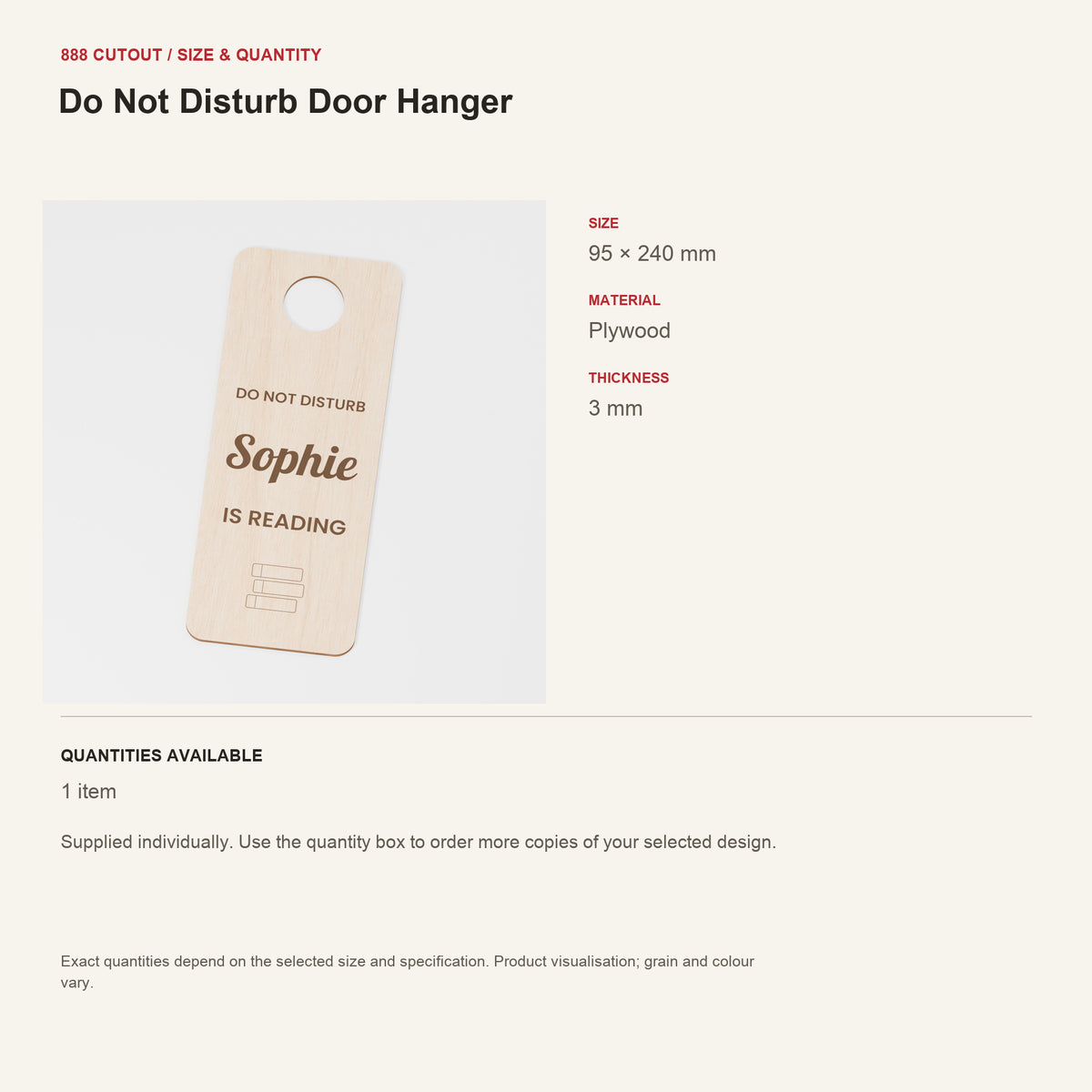 888 guide — Do Not Disturb Door Hanger — example size, material and available quantities