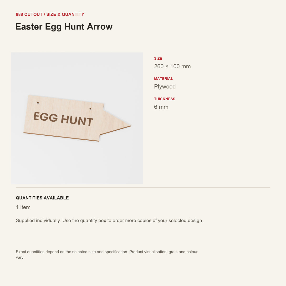 888 guide — Easter Egg Hunt Arrow — example size, material and available quantities