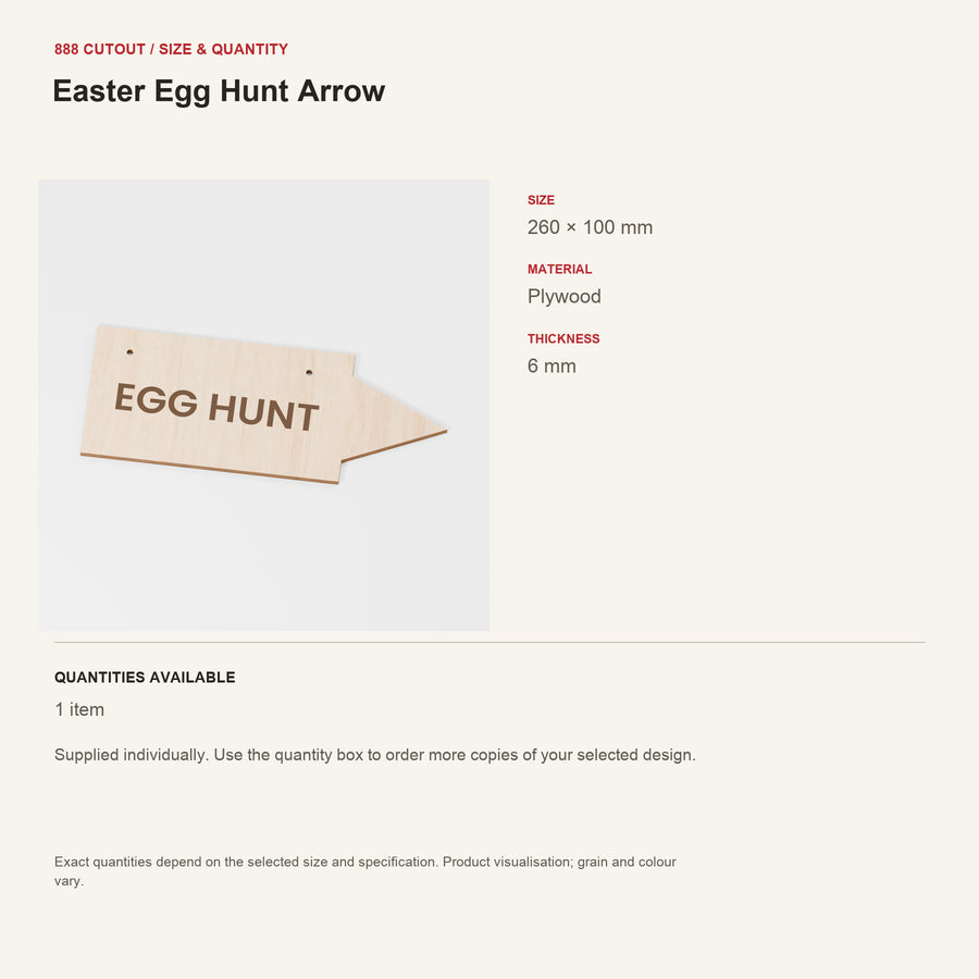 888 guide — Easter Egg Hunt Arrow — example size, material and available quantities