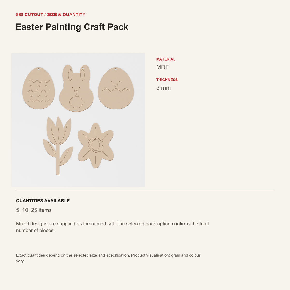 888 guide — Easter Painting Craft Pack — example size, material and available quantities