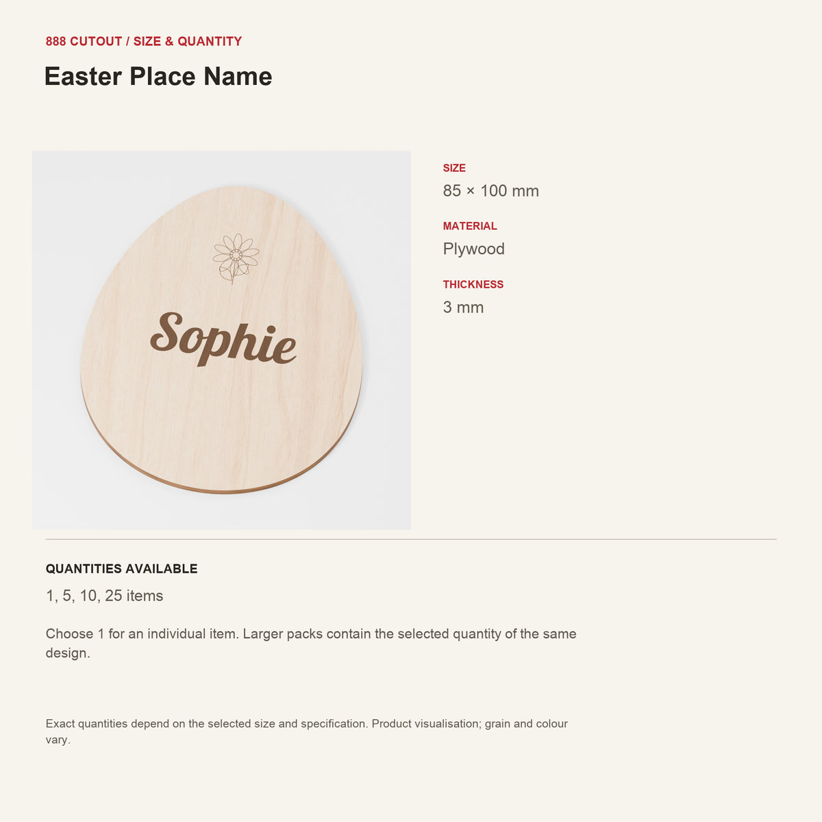 888 guide — Easter Place Name — example size, material and available quantities