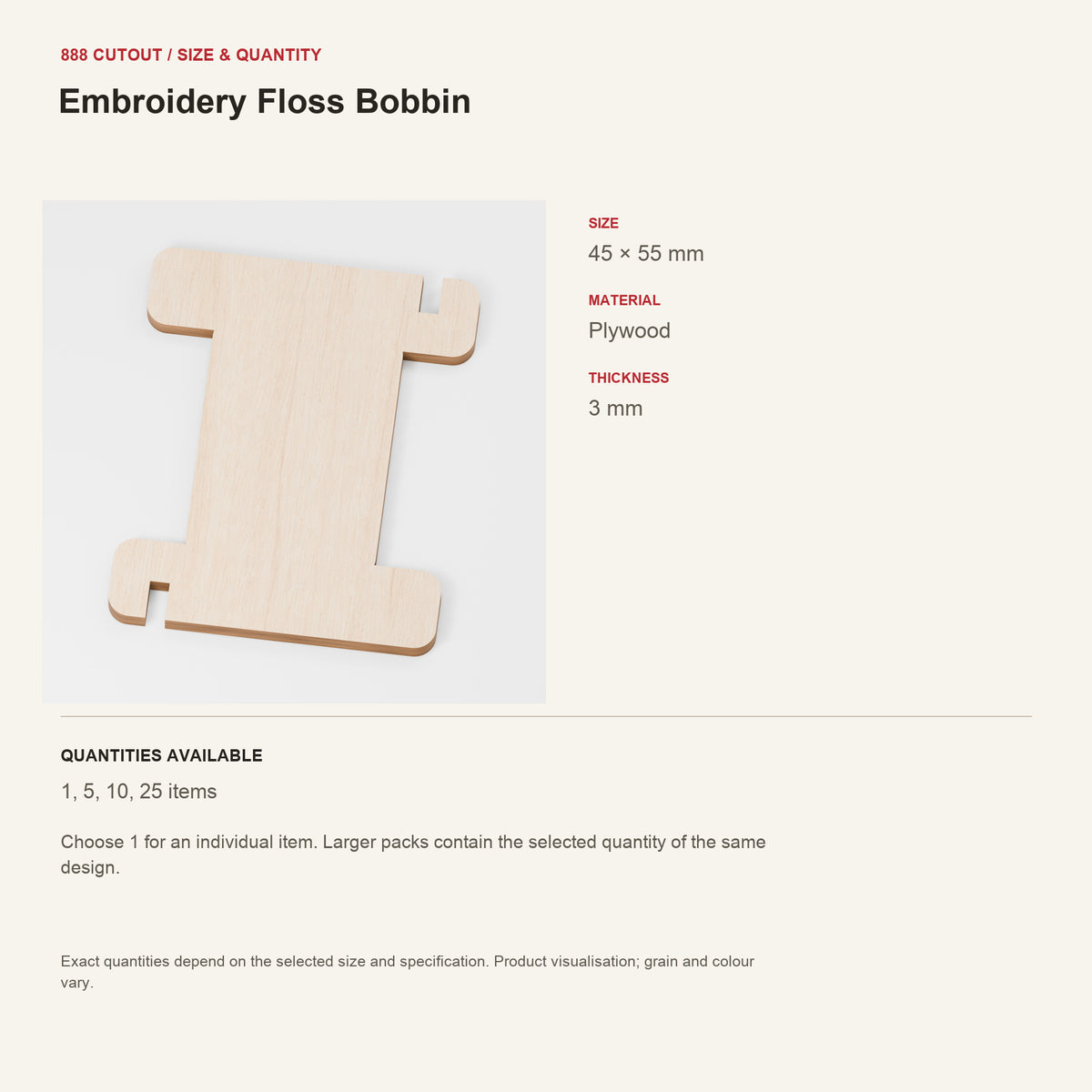 888 guide — Embroidery Floss Bobbin — example size, material and available quantities