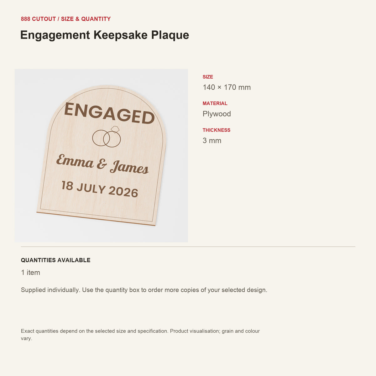 888 guide — Engagement Keepsake Plaque — example size, material and available quantities