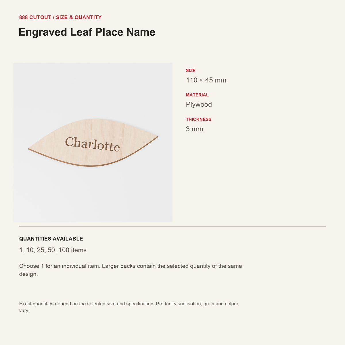 888 guide — Engraved Leaf Place Name — example size, material and available quantities