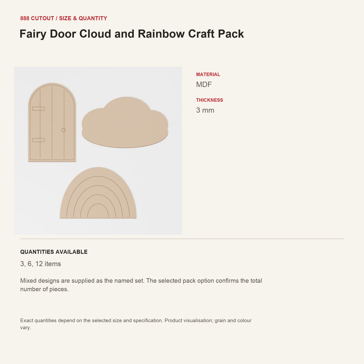 888 guide — Fairy Door Cloud and Rainbow Craft Pack — example size, material and available quantities