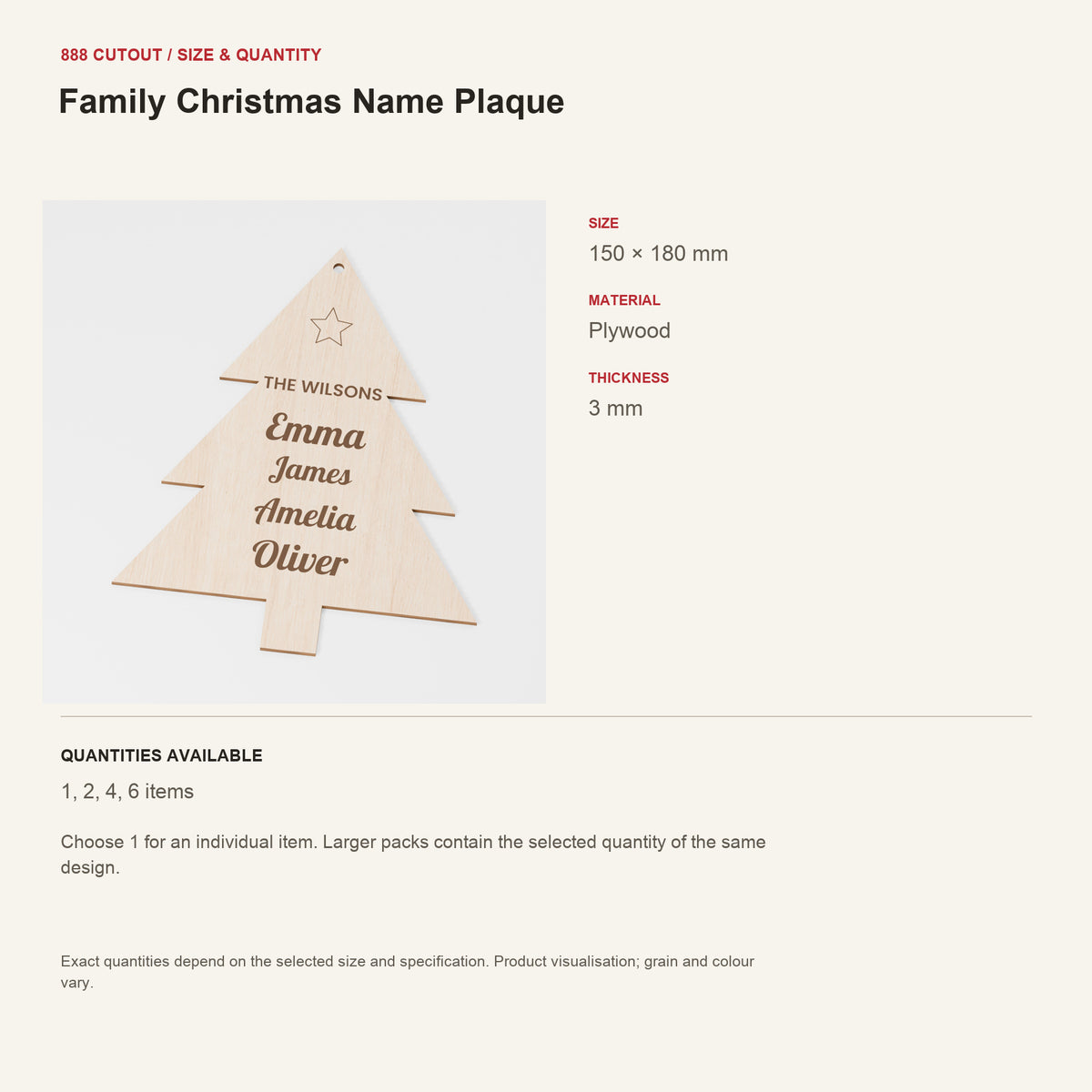 888 guide — Family Christmas Name Plaque — example size, material and available quantities