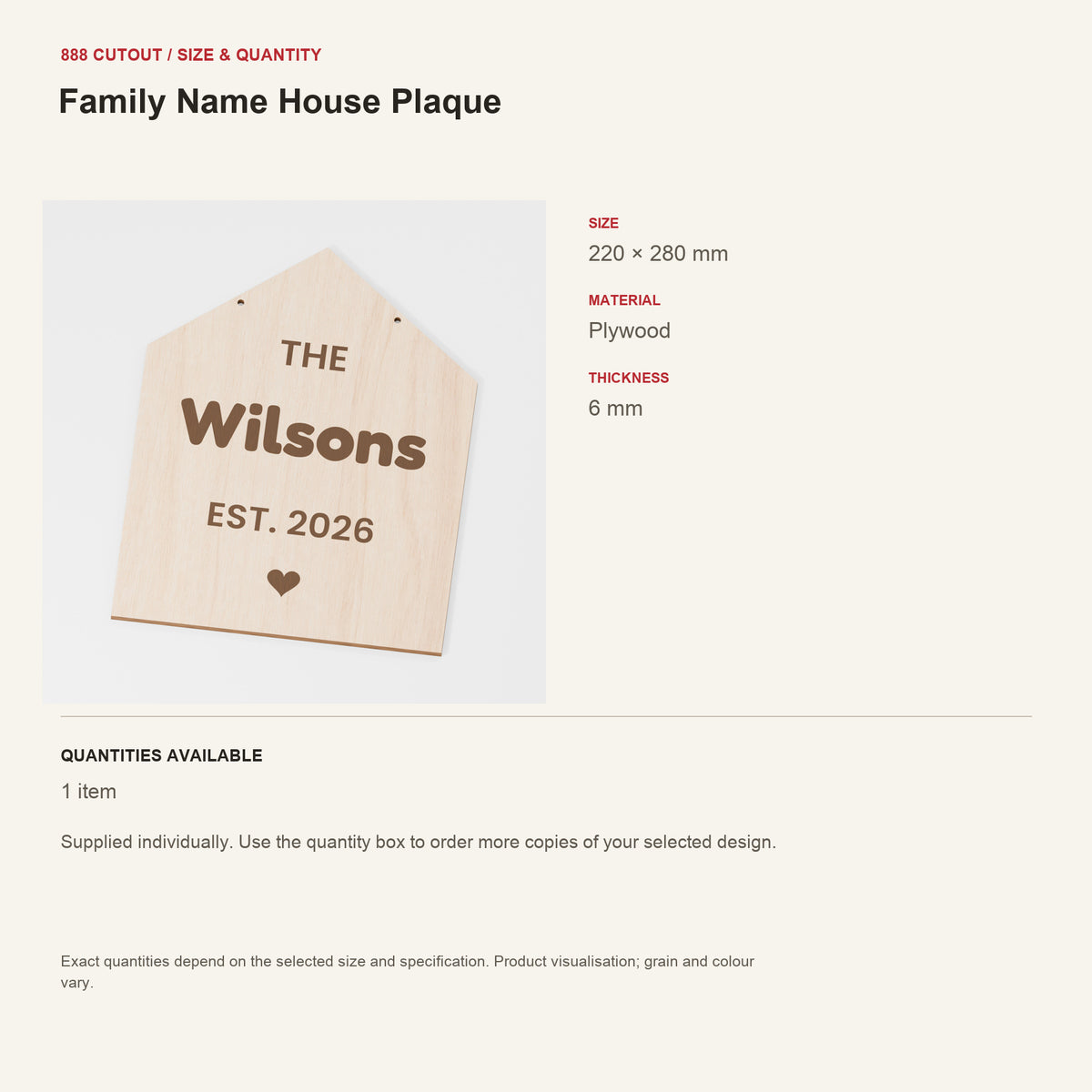 888 guide — Family Name House Plaque — example size, material and available quantities