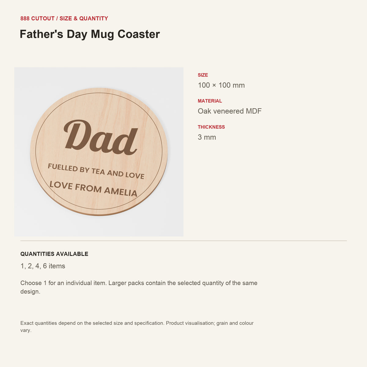 888 guide — Father's Day Mug Coaster — example size, material and available quantities