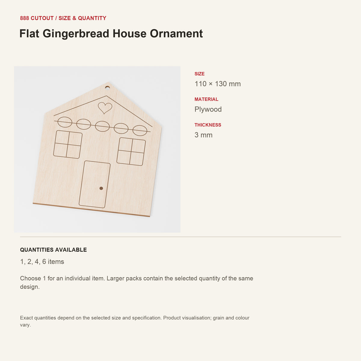 888 guide — Flat Gingerbread House Ornament — example size, material and available quantities