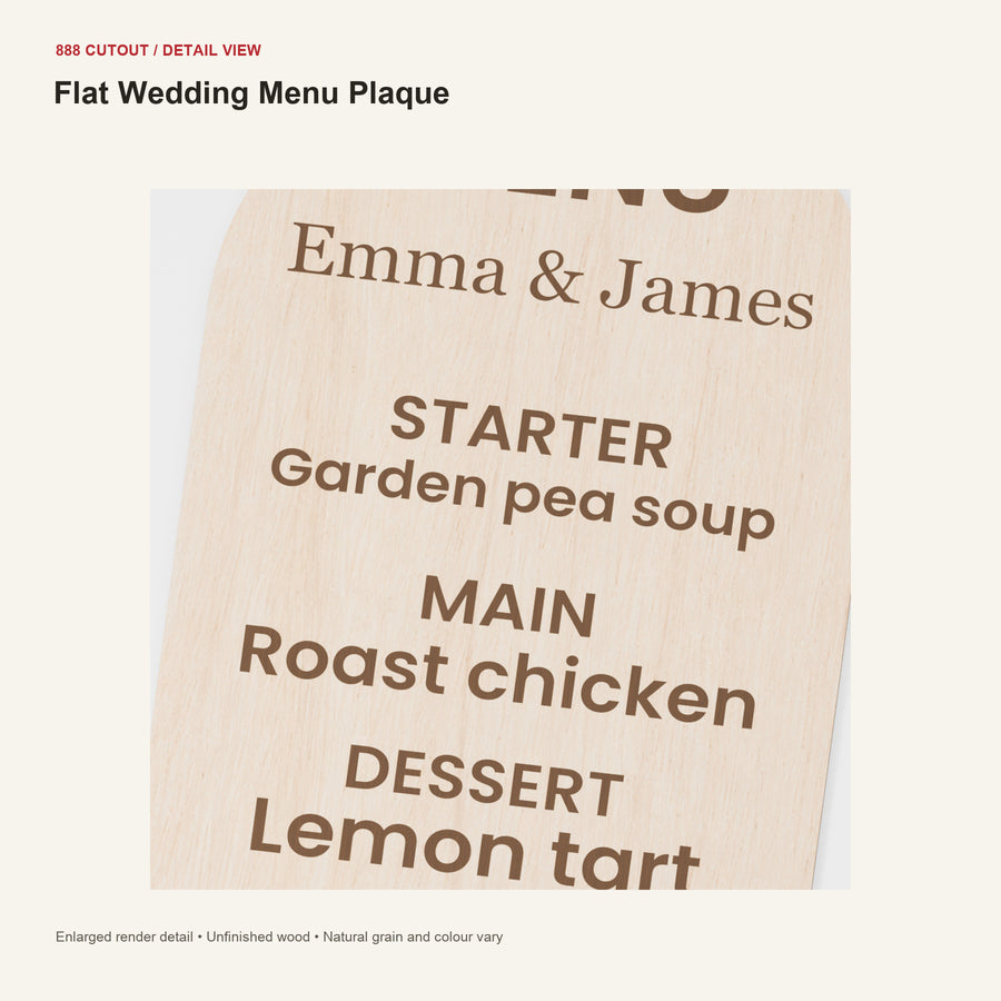 888 detail — Flat Wedding Menu Plaque — enlarged product visualisation