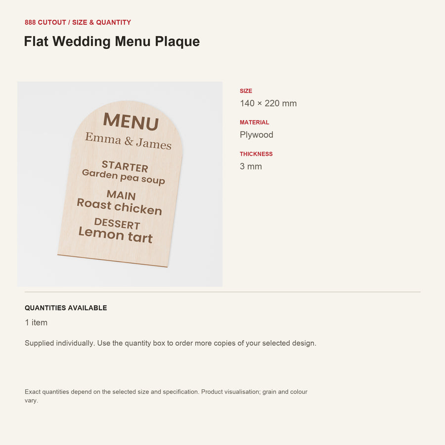 888 guide — Flat Wedding Menu Plaque — example size, material and available quantities