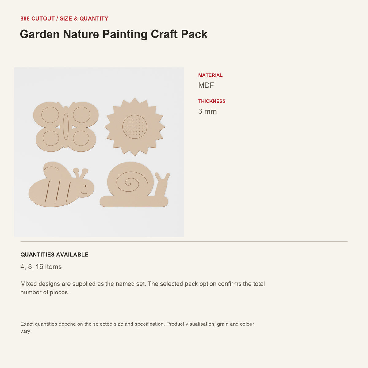 888 guide — Garden Nature Painting Craft Pack — example size, material and available quantities