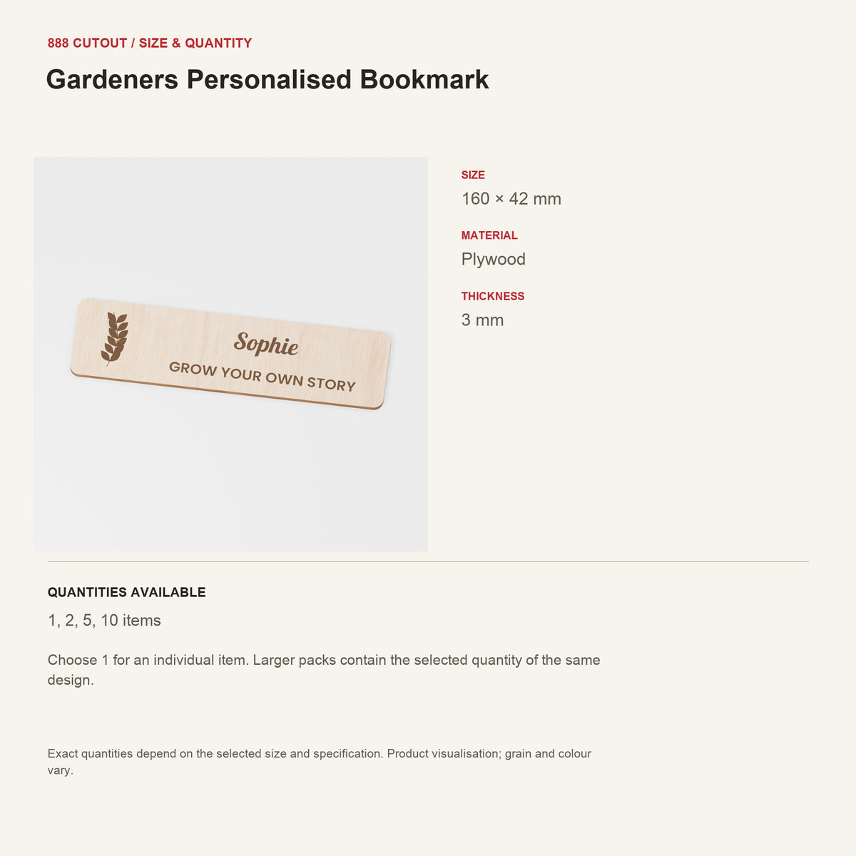 888 guide — Gardeners Personalised Bookmark — example size, material and available quantities