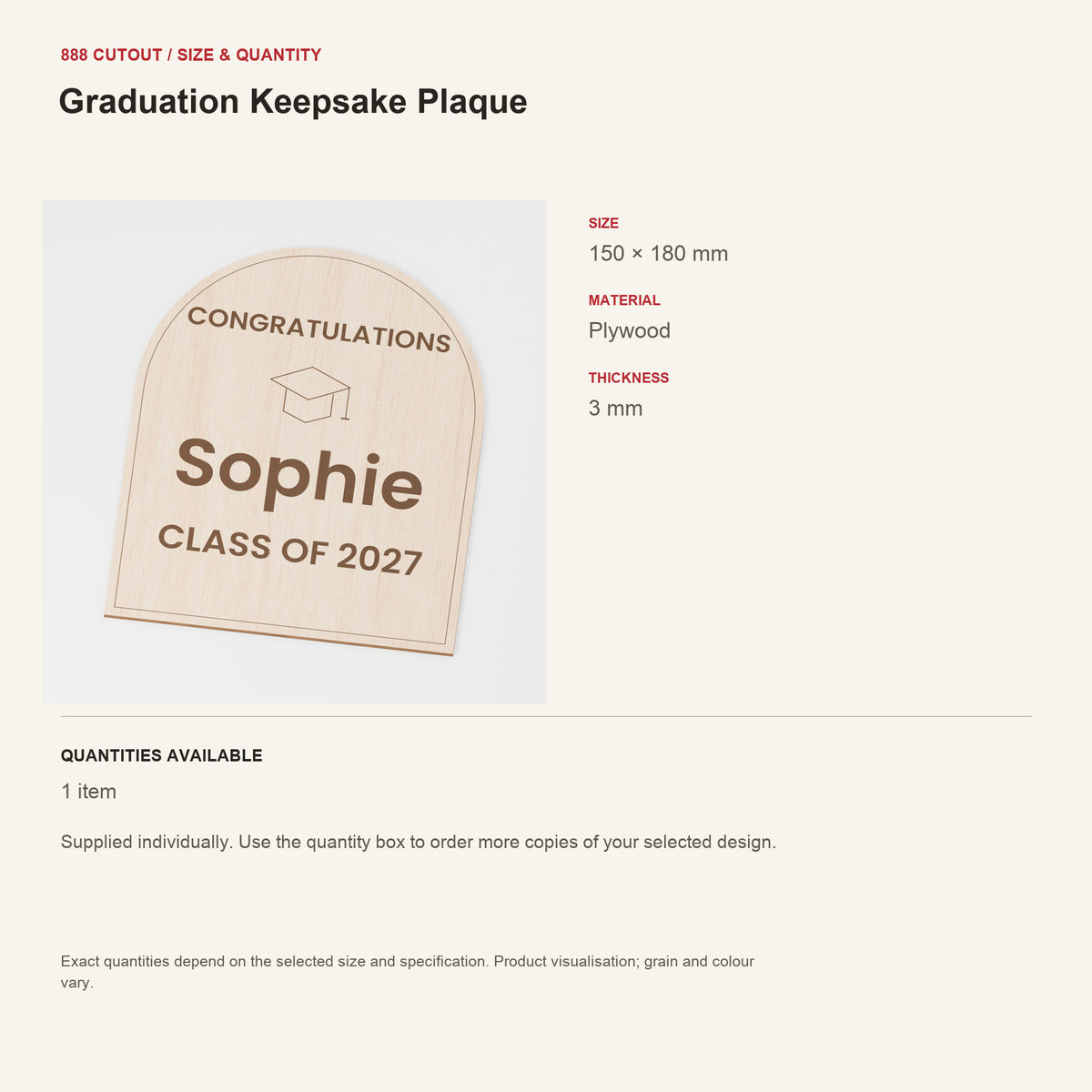 888 guide — Graduation Keepsake Plaque — example size, material and available quantities