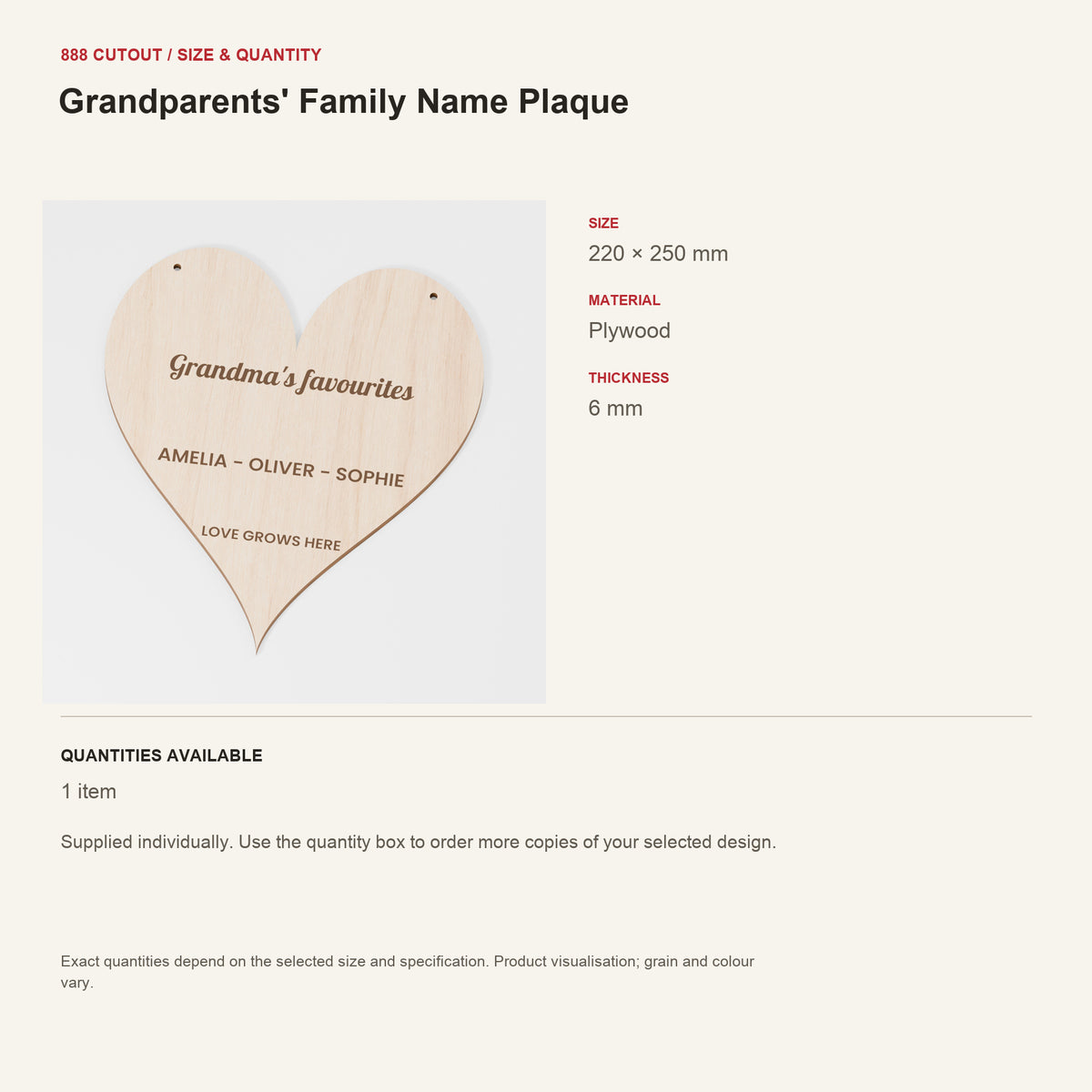 888 guide — Grandparents' Family Name Plaque — example size, material and available quantities