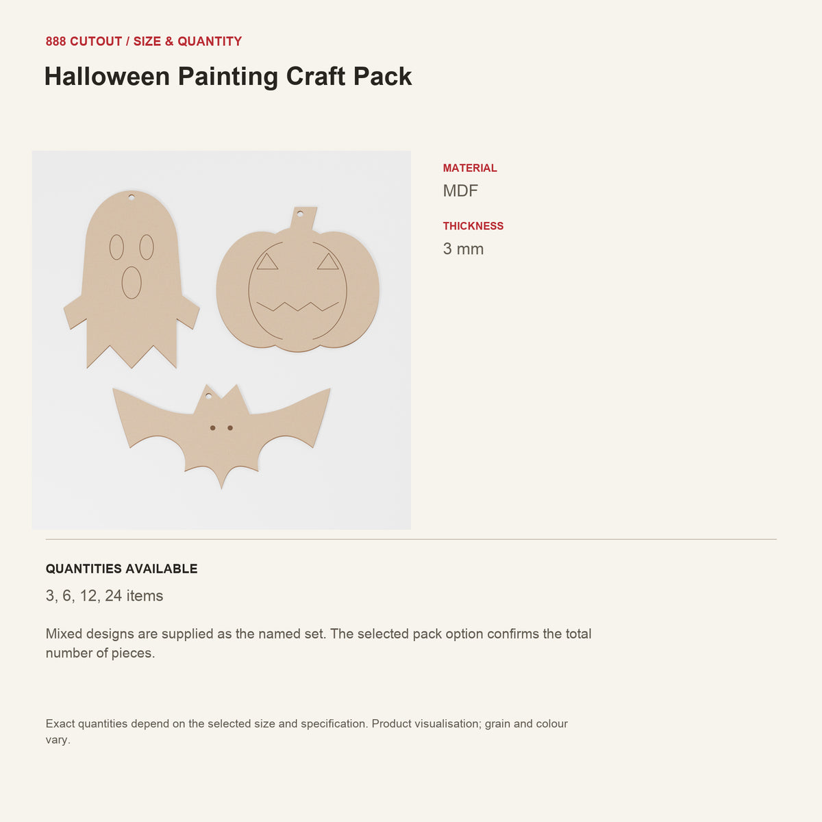 888 guide — Halloween Painting Craft Pack — example size, material and available quantities