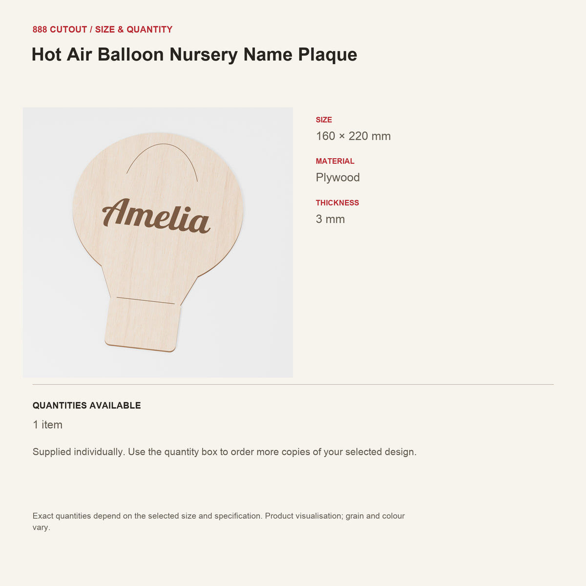 888 guide — Hot Air Balloon Nursery Name Plaque — example size, material and available quantities