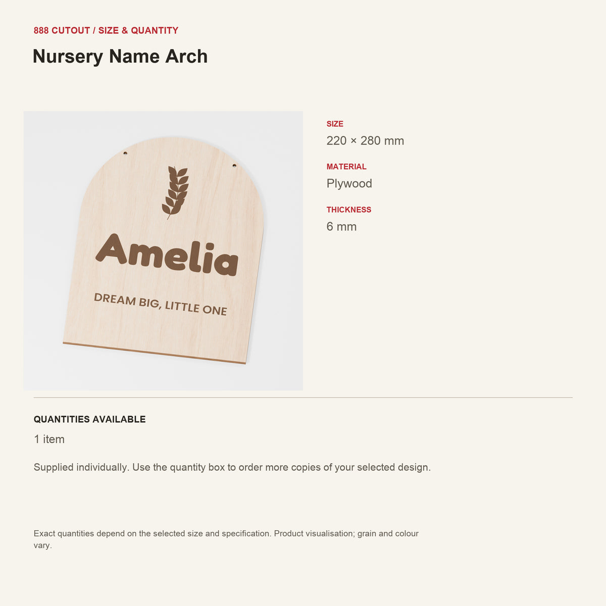 888 guide — Nursery Name Arch — example size, material and available quantities
