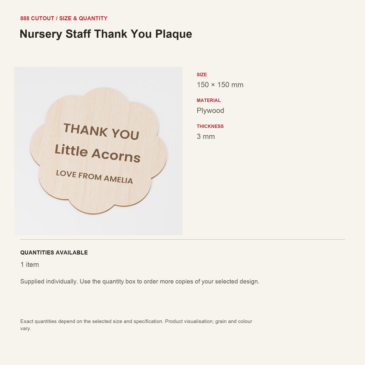 888 guide — Nursery Staff Thank You Plaque — example size, material and available quantities